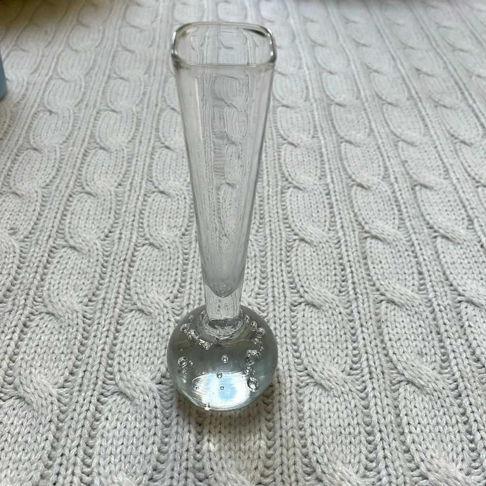 Vtg Small Glass Bud Vase square top Unique bubble bulb Design 5.5”Tall X 1 X 1